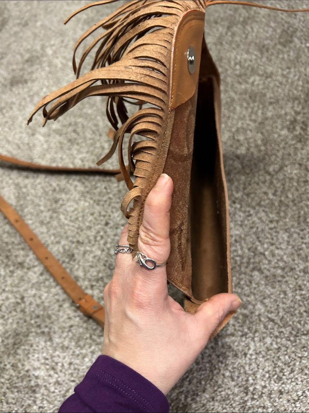 Handmade Natural Boho Leather Fringed Floral Tooled Leather Crossbody Bag - Tan - Picture 9 of 9